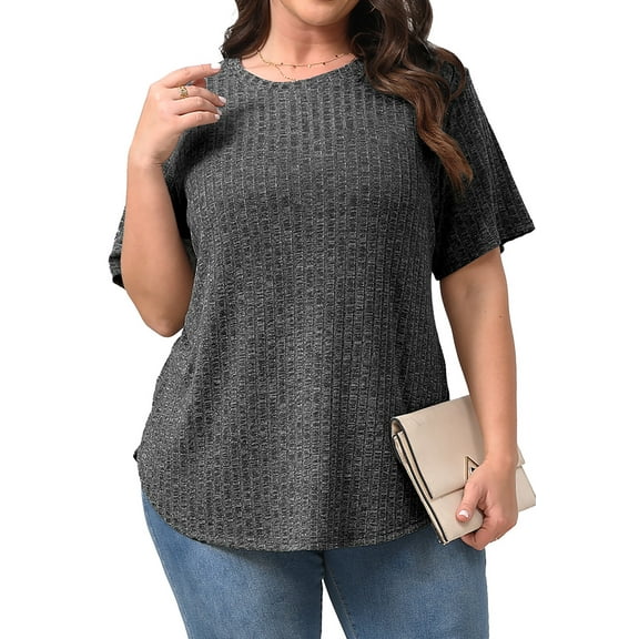 Fantaslook Womens Plus Size Tops Crewneck Short Sleeve Shirts Casual Loose Tunic Tops Curved Hem Summer Blouses