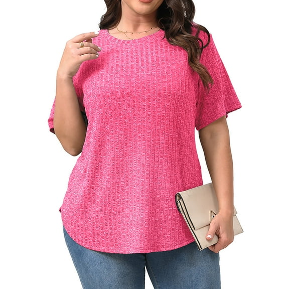 Fantaslook Womens Plus Size Tops Crewneck Short Sleeve Shirts Casual Loose Tunic Tops Curved Hem Summer Blouses