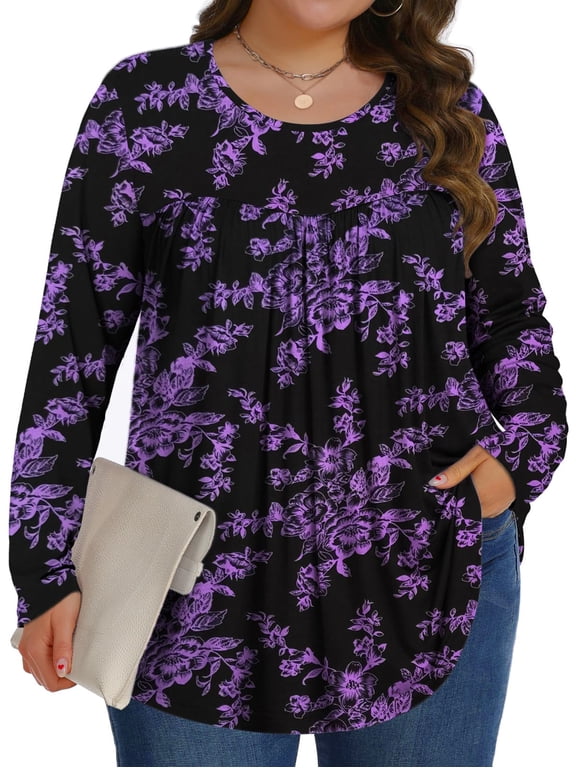 Womens Plus Size Tops Fall Long Sleeve Shirts Crew Neck Casual Loose Tunic Blouses