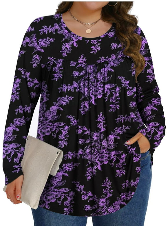 Womens Plus Size Tops Fall Long Sleeve Shirts Crew Neck Casual Loose Tunic Blouses