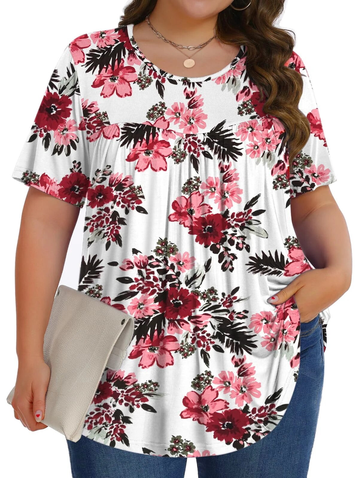 Fantaslook Womens Plus Size Tops Tunic Short Sleeve Shirts Floral Blouses Loose Summer Tops