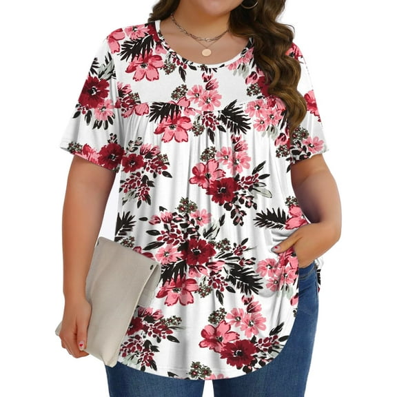 Fantaslook Womens Plus Size Tops Tunic Short Sleeve Shirts Floral Blouses Loose Summer Tops