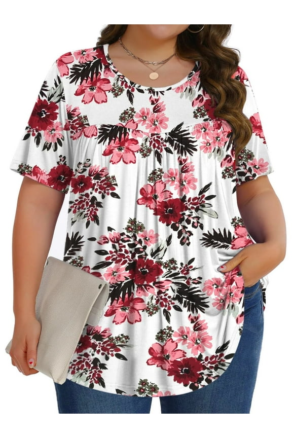 Womens Plus Size Tops Tunic Short Sleeve Shirts Floral Blouses Loose Summer Tops