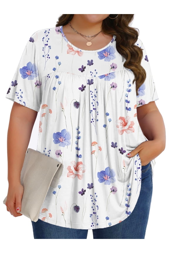 Womens Plus Size Tops Tunic Short Sleeve Shirts Floral Blouses Loose Summer Tops