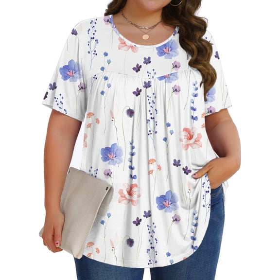 Fantaslook Womens Plus Size Tops Tunic Short Sleeve Shirts Floral Blouses Loose Summer Tops