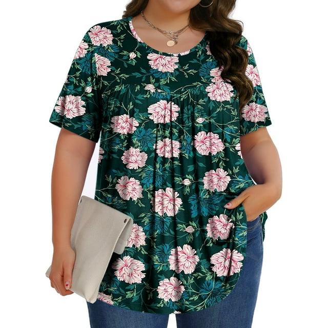 Fantaslook Womens Plus Size Tops Tunic Short Sleeve Shirts Floral