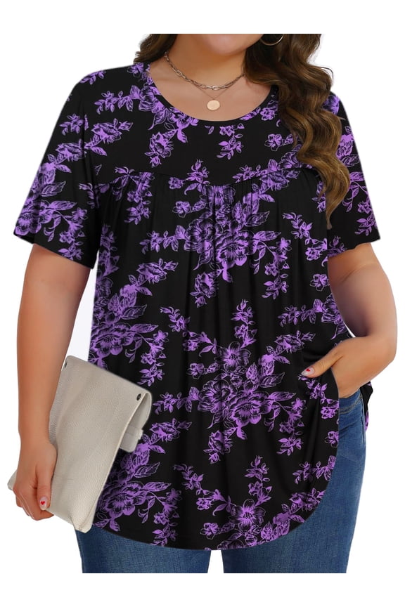 Womens Plus Size Tops Tunic Short Sleeve Shirts Floral Blouses Loose Summer Tops