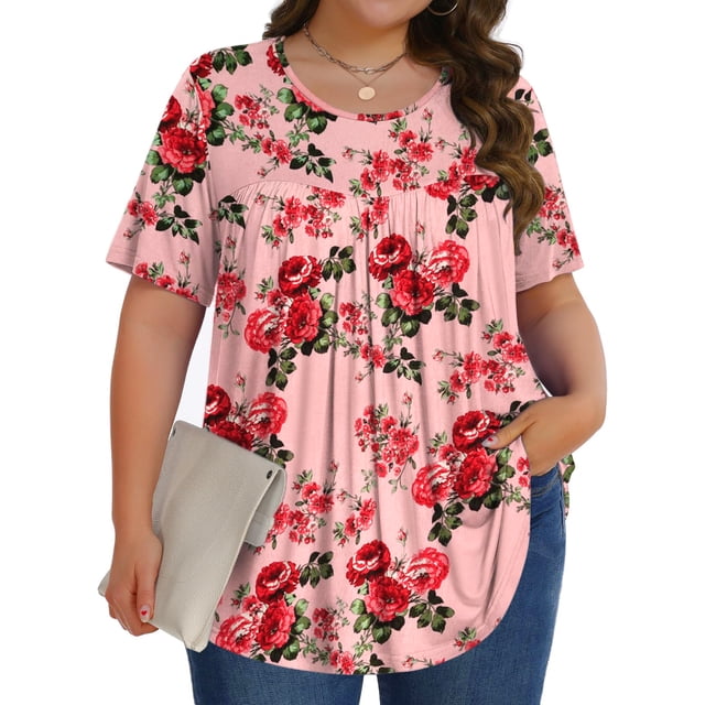Fantaslook Womens Plus Size Tops Tunic Short Sleeve Shirts Floral Blouses Loose Summer Tops