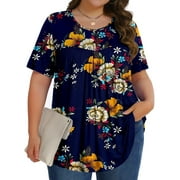 Fantaslook Womens Plus Size Tops Tunic Short Sleeve Shirts Floral Blouses Loose Summer Tops