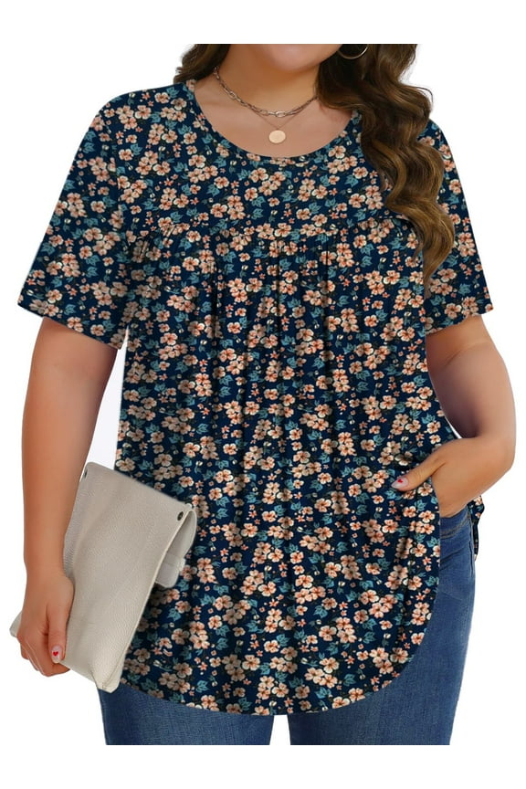 Womens Plus Size Tops Tunic Short Sleeve Shirts Floral Blouses Loose Summer Tops