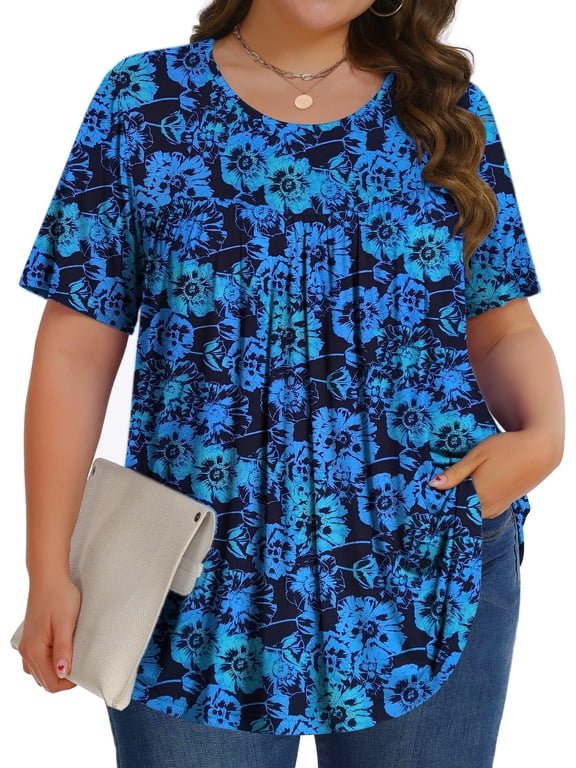 Womens Plus Size Tops Tunic Short Sleeve Shirts Floral Blouses Loose Summer Tops