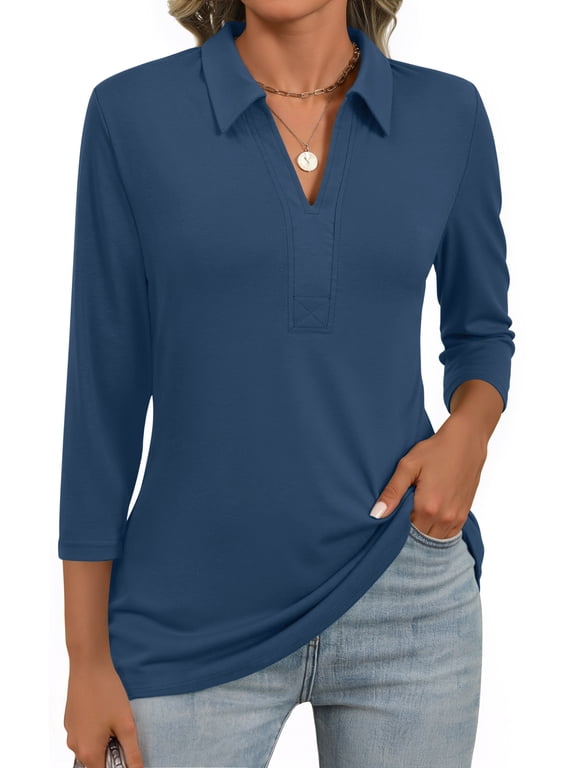 Womens Polo Shirts Business Casual 3/4 Sleeve Tops V Neck Dressy Work Blouses Office Clothes