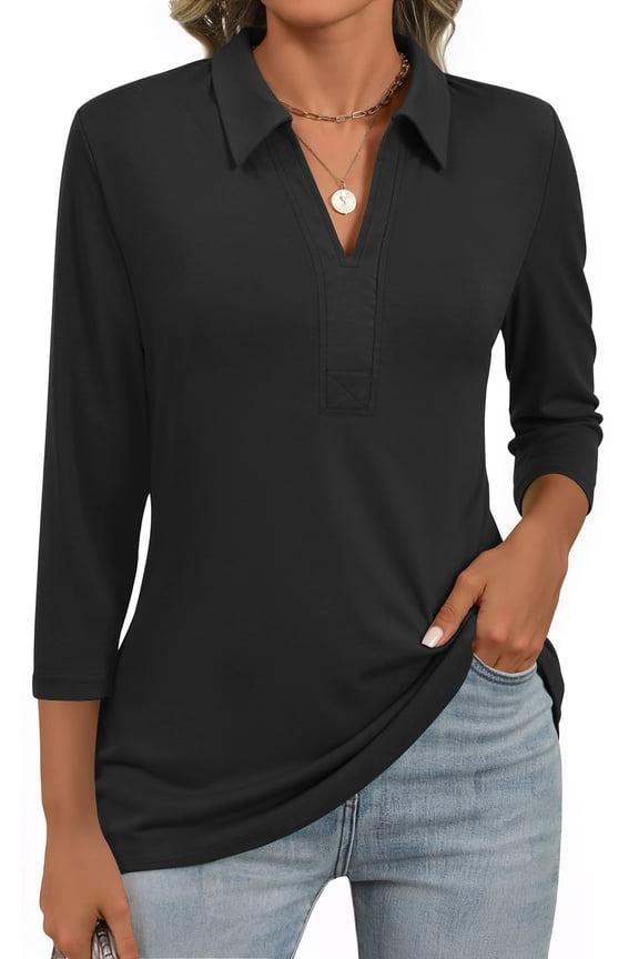 Womens Polo Shirts Business Casual 3/4 Sleeve Tops V Neck Dressy Work Blouses Office Clothes