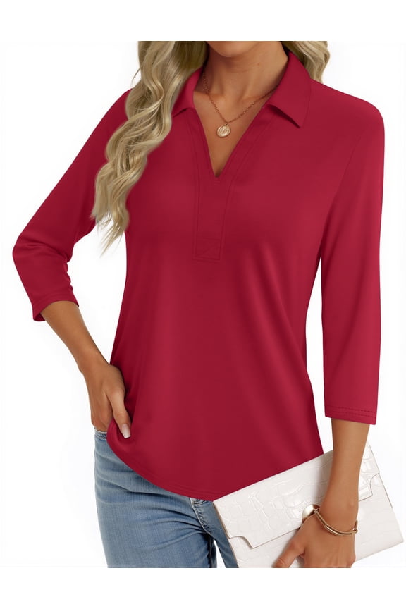 Womens Polo Shirts Business Casual 3/4 Sleeve Tops V Neck Dressy Work Blouses Office Clothes