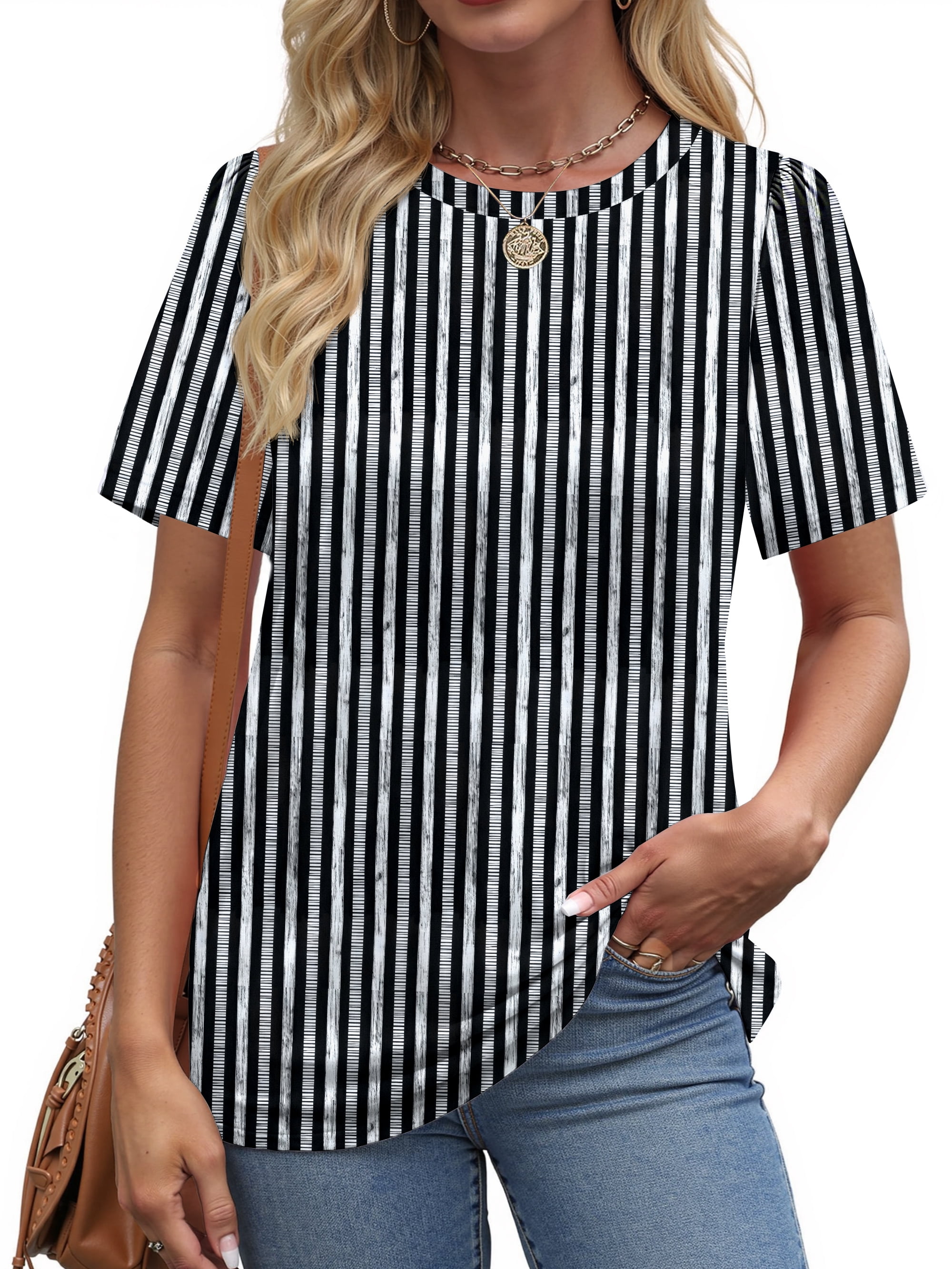Fantaslook Womens Summer Tops Dressy Casual Short Sleeve Shirts Crew Neck Tunic Floral Blouses
