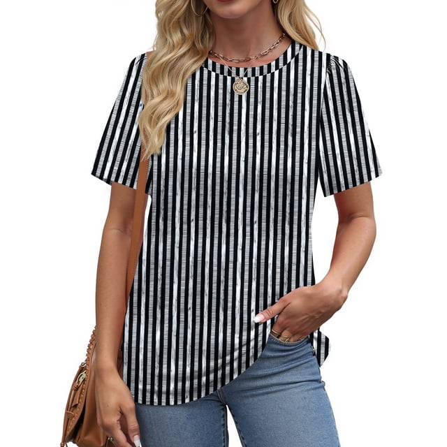Fantaslook Womens Summer Tops Dressy Casual Short Sleeve Shirts Crew Neck Tunic Floral Blouses