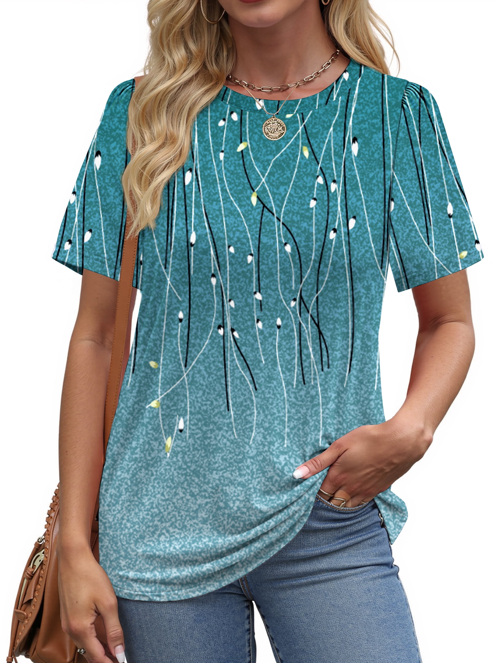 Fantaslook Womens Summer Tops Dressy Casual Short Sleeve Shirts Crew Neck Tunic Floral Blouses