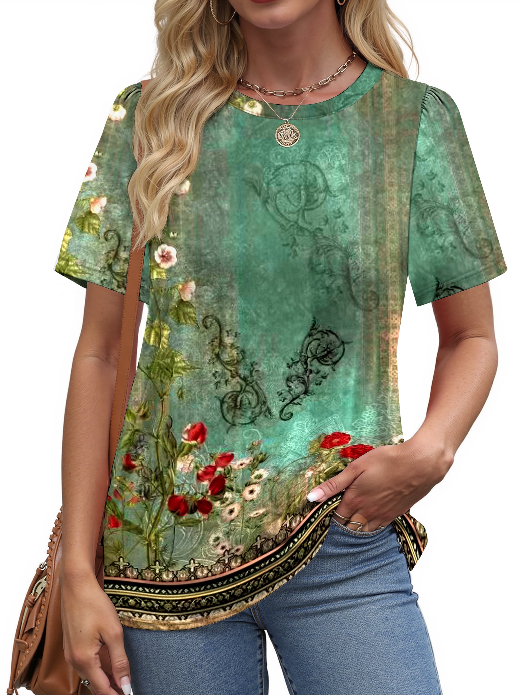 Fantaslook Womens Summer Tops Dressy Casual Short Sleeve Shirts Crew Neck Tunic Floral Blouses