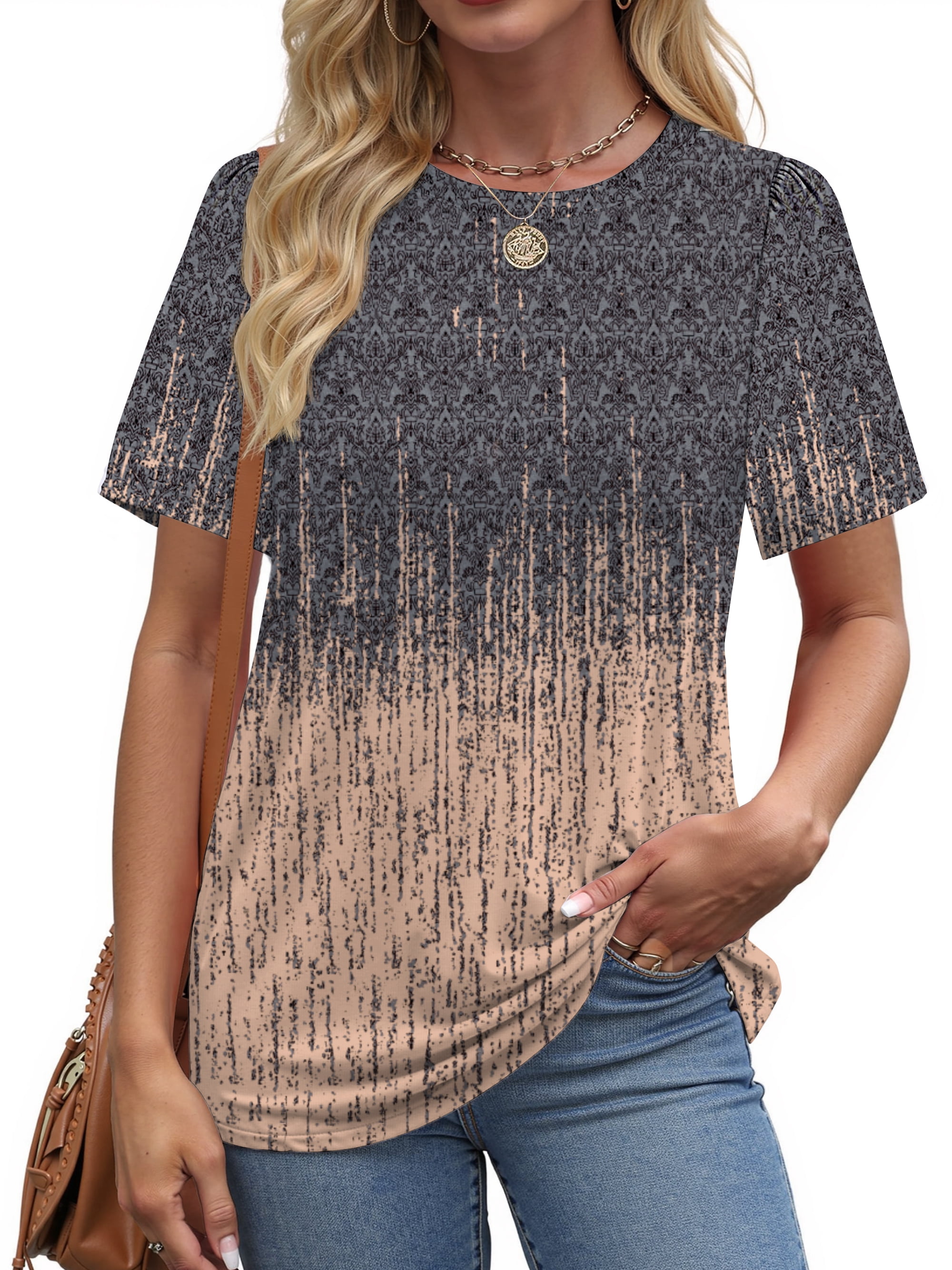 Fantaslook Womens Summer Tops Dressy Casual Short Sleeve Shirts Crew Neck Tunic Floral Blouses