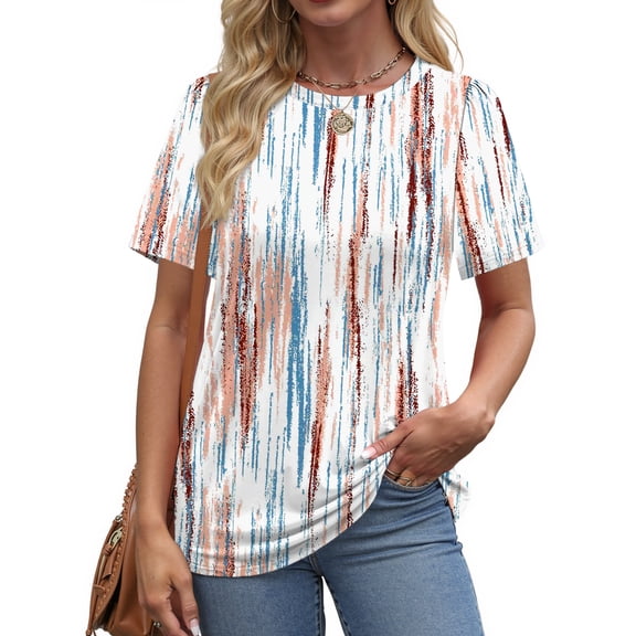 Fantaslook Womens Summer Tops Dressy Casual Short Sleeve Shirts Crew Neck Tunic Floral Blouses