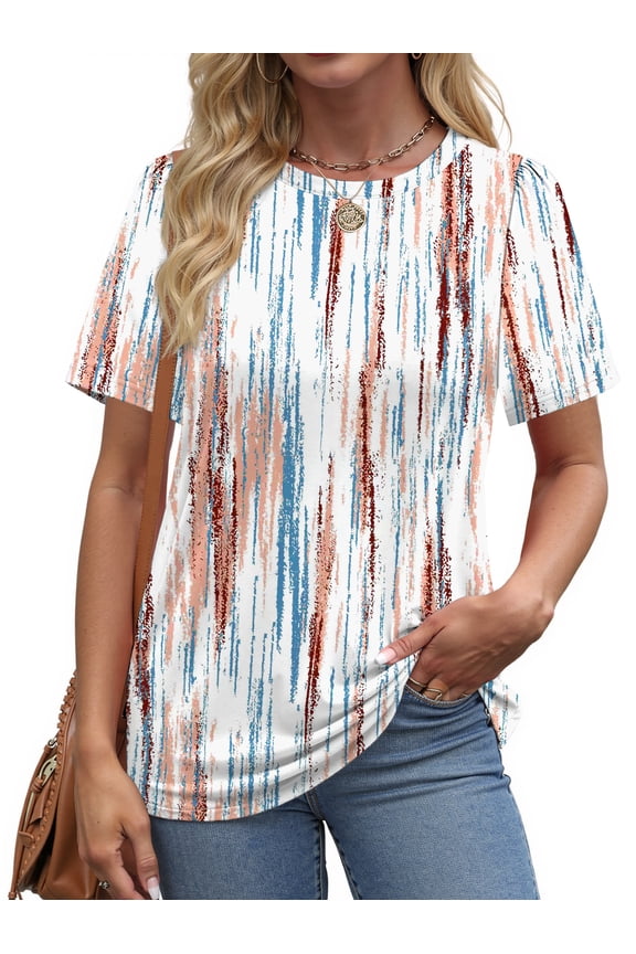 Womens Summer Tops Dressy Casual Short Sleeve Shirts Crew Neck Tunic Floral Blouses