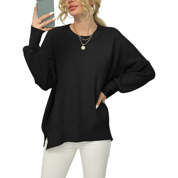 Fantaslook Womens Sweaters Oversized Crewneck Batwing Sleeve Side Slit Ribbed Knit Pullover Sweater Tops