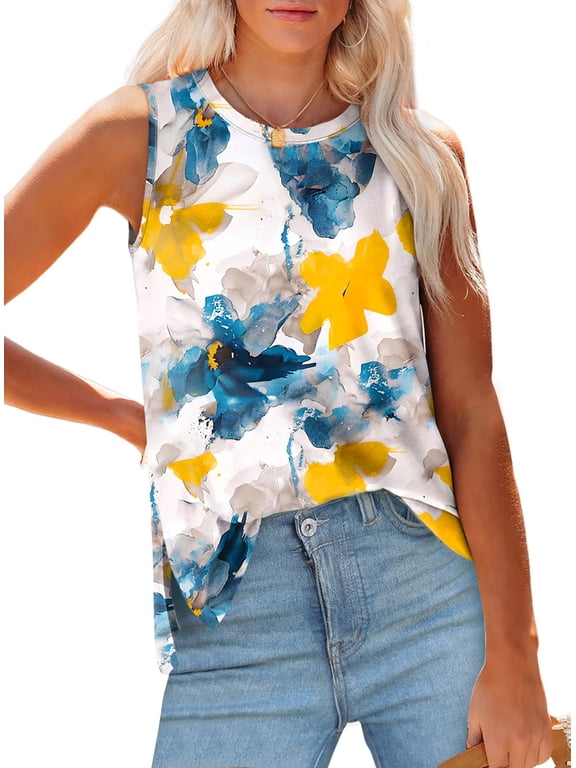 Womens Tank Tops Crewneck Casual Summer Side Split Sleeveless Shirts Floral Blouses