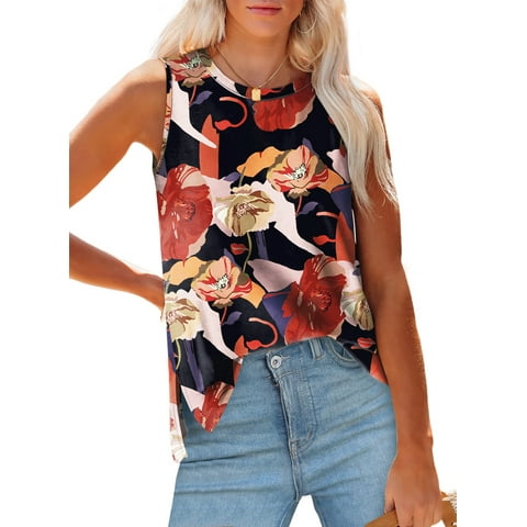 Womens Tank Tops Crewneck Casual Summer Side Split Sleeveless Shirts Floral Blouses