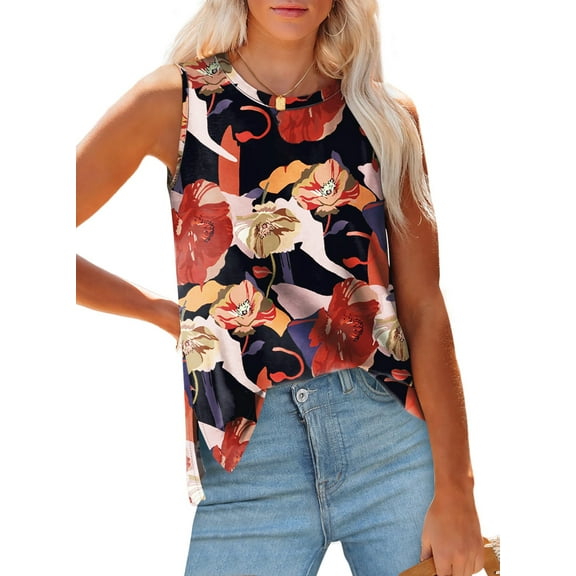 Fantaslook Womens Tank Tops Crewneck Casual Summer Side Split Sleeveless Shirts Floral Blouses