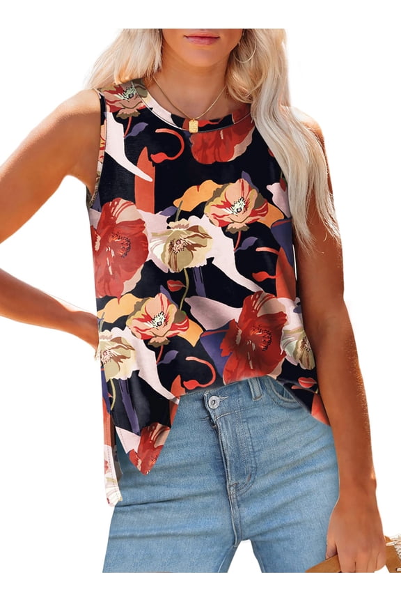 Womens Tank Tops Crewneck Casual Summer Side Split Sleeveless Shirts Floral Blouses
