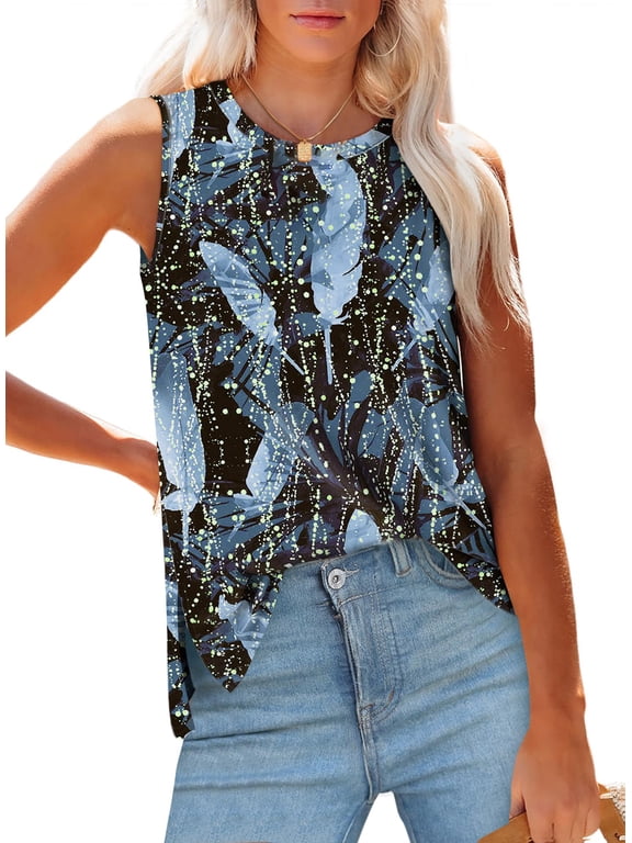 Womens Tank Tops Crewneck Casual Summer Side Split Sleeveless Shirts Floral Blouses