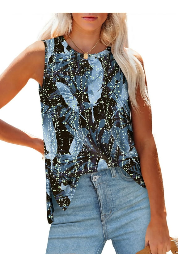 Womens Tank Tops Crewneck Casual Summer Side Split Sleeveless Shirts Floral Blouses