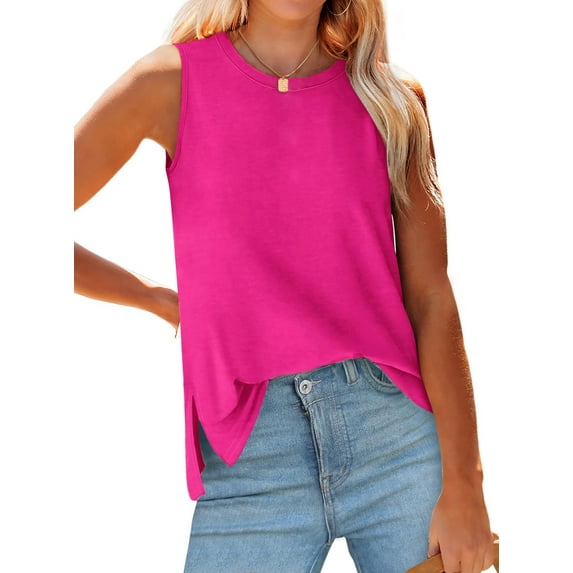 Fantaslook Womens Tank Tops Crewneck Casual Summer Side Split Sleeveless Shirts Floral Blouses