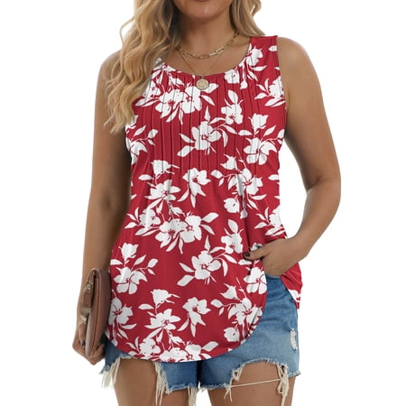 Fantaslook Womens Tank Tops Dressy Casual Sleeveless Blouses Crew Neck Pleated Tunic Shirts Summer Tops