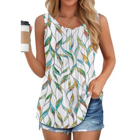 Fantaslook Womens Tank Tops Dressy Casual Sleeveless Blouses Crew Neck Pleated Tunic Shirts Summer Tops