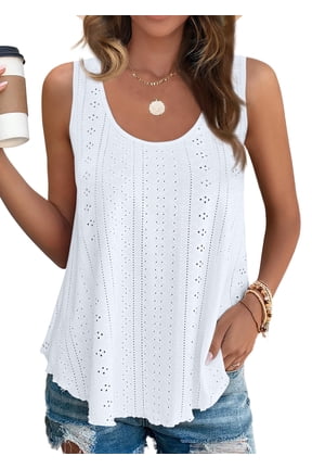 Womens Tank Tops Eyelet Crew Neck Sleeveless Tops Dressy Casual Flowy Summer Shirts