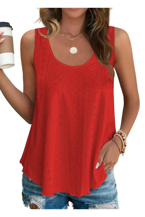 Womens Tank Tops Eyelet Crew Neck Sleeveless Tops Dressy Casual Flowy Summer Shirts