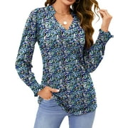 FANTASLOOK Womens Tops Dressy Blouses V Neck Puff Long Sleeve Tunic Tops Button Fall Shirts