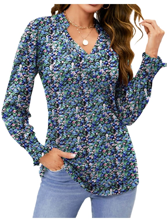 Womens Tops Dressy Blouses V Neck Puff Long Sleeve Tunic Tops Button Fall Shirts