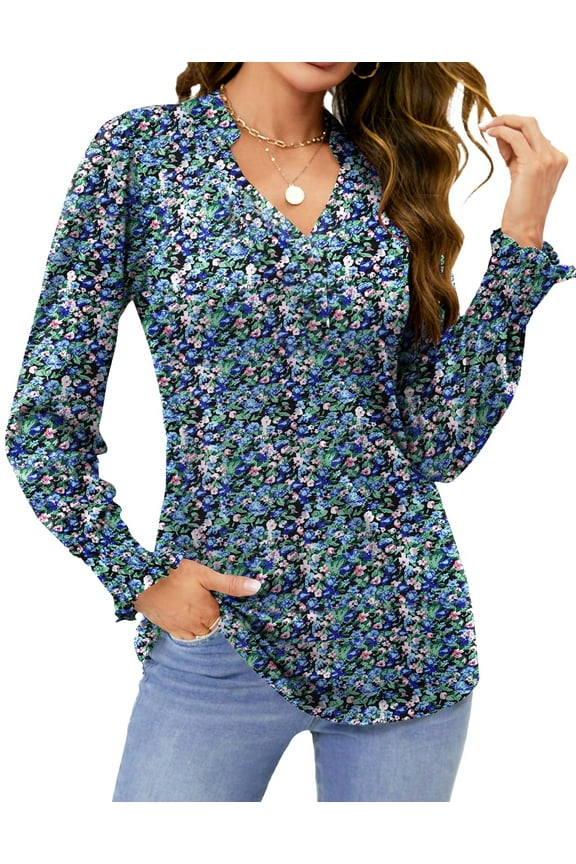 Womens Tops Dressy Blouses V Neck Puff Long Sleeve Tunic Tops Button Fall Shirts
