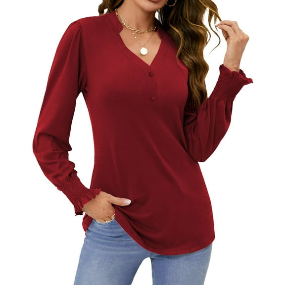 Fantaslook Womens Tops Dressy Blouses V Neck Puff Long Sleeve Tunic Tops Button Fall Shirts