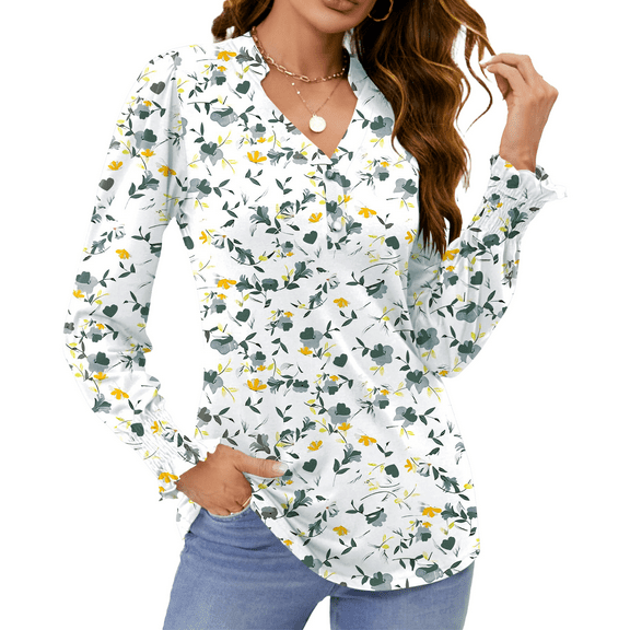 Fantaslook Womens Tops Dressy Blouses V Neck Puff Long Sleeve Tunic Tops Button Fall Shirts