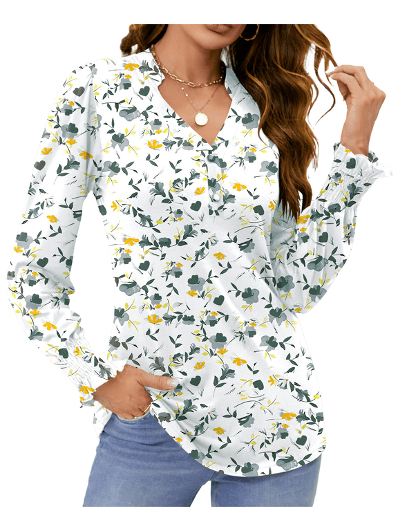 Womens Tops Dressy Blouses V Neck Puff Long Sleeve Tunic Tops Button Fall Shirts