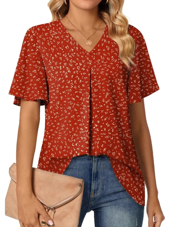 Womens Tops Dressy Blouses V Neck Short Sleeve Tunic Tops Casual Work Shirts