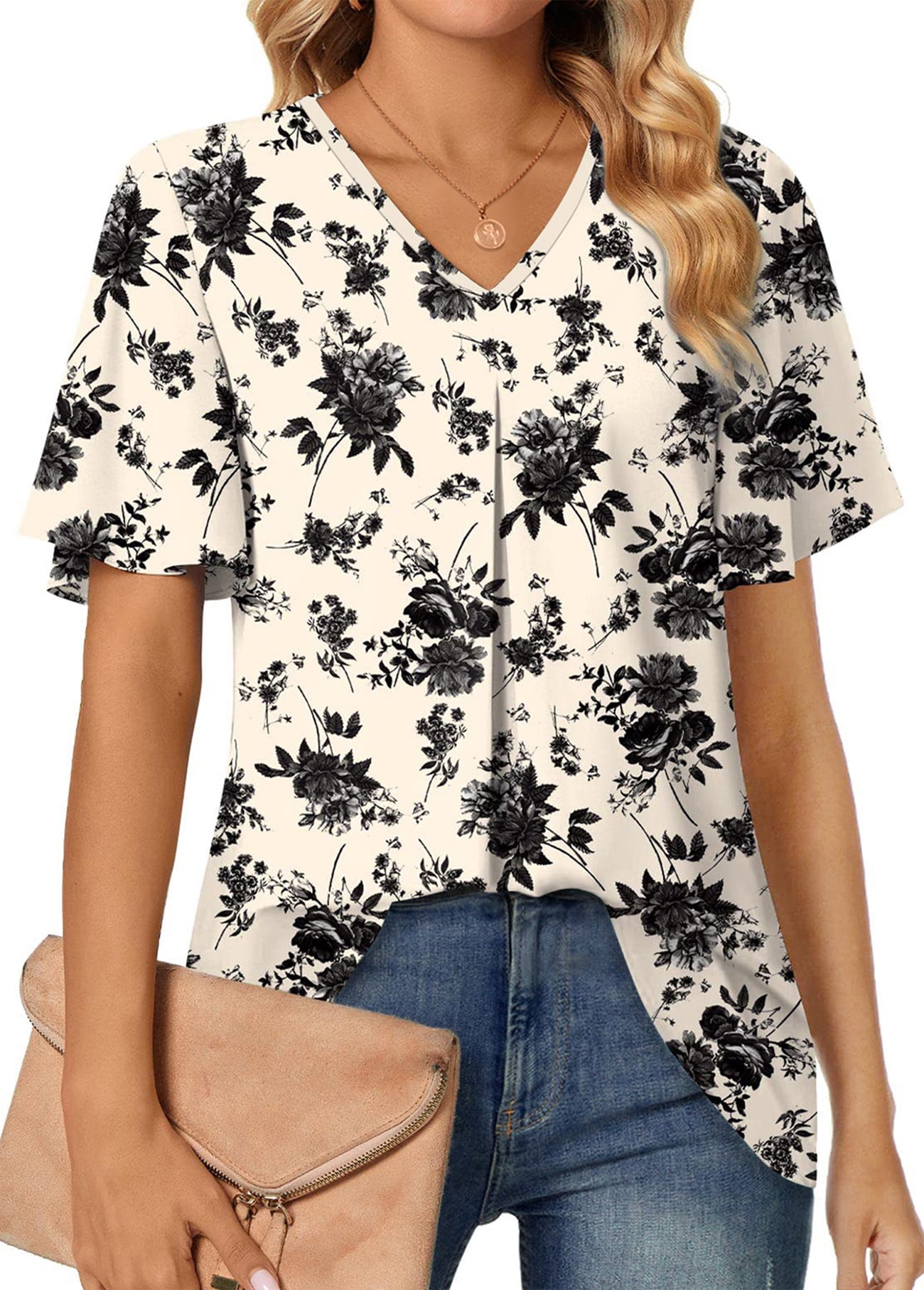 Fantaslook Womens Tops Dressy Blouses V Neck Short Sleeve Tunic L ...