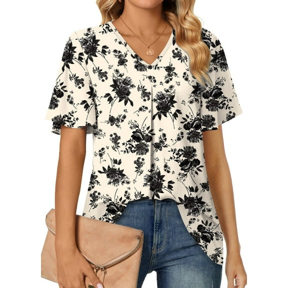 Fantaslook Womens Tops Dressy Blouses V Neck Short Sleeve Tunic Tops Casual Work Shirts