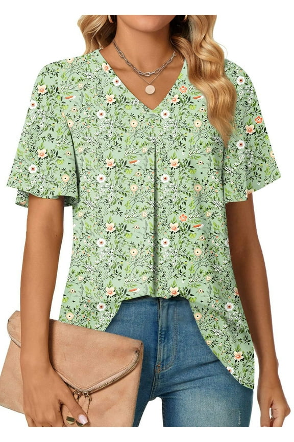 Womens Tops Dressy Blouses V Neck Short Sleeve Tunic Tops Casual Work Shirts