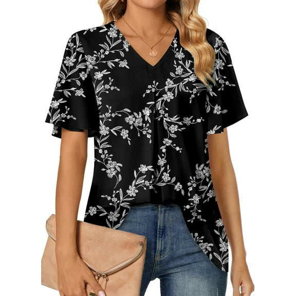 Fantaslook Womens Tops Dressy Blouses V Neck Short Sleeve Tunic Tops Casual Work Shirts