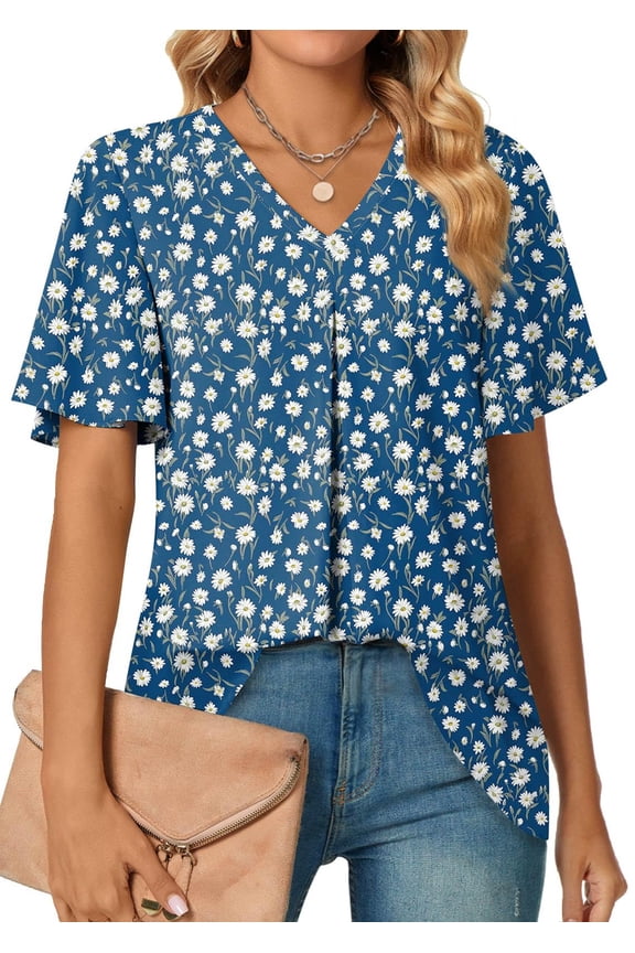 Womens Tops Dressy Blouses V Neck Short Sleeve Tunic Tops Casual Work Shirts