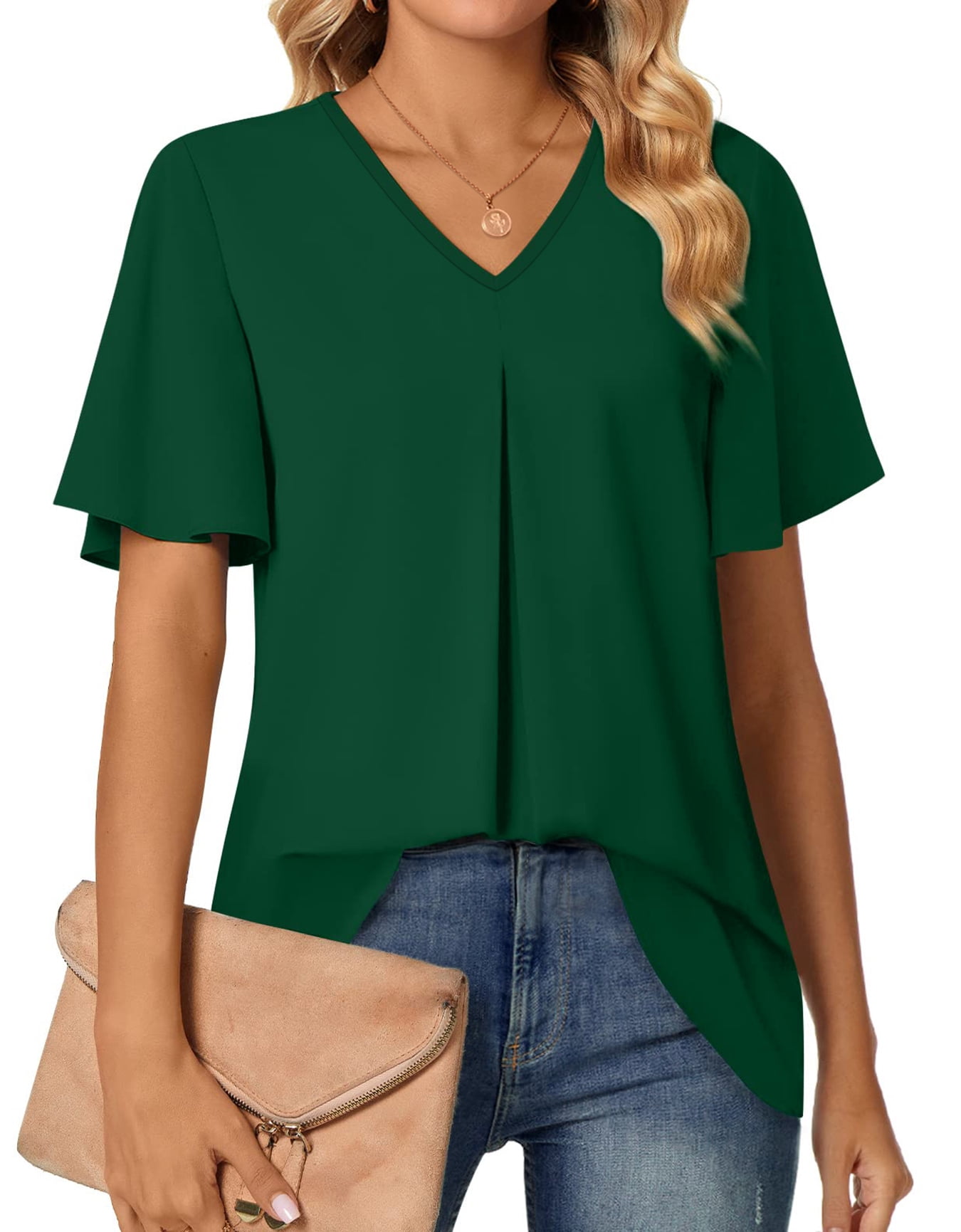 Women's Chiffon Blouse With Ruffle Sleeves - V-Neck Tunic Top For Leggings, Light Beige & Black Floral - View #6
